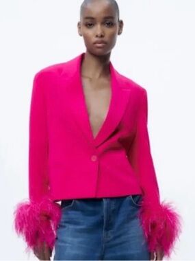 Zara Fuchsia Feather-Cuff Blazer